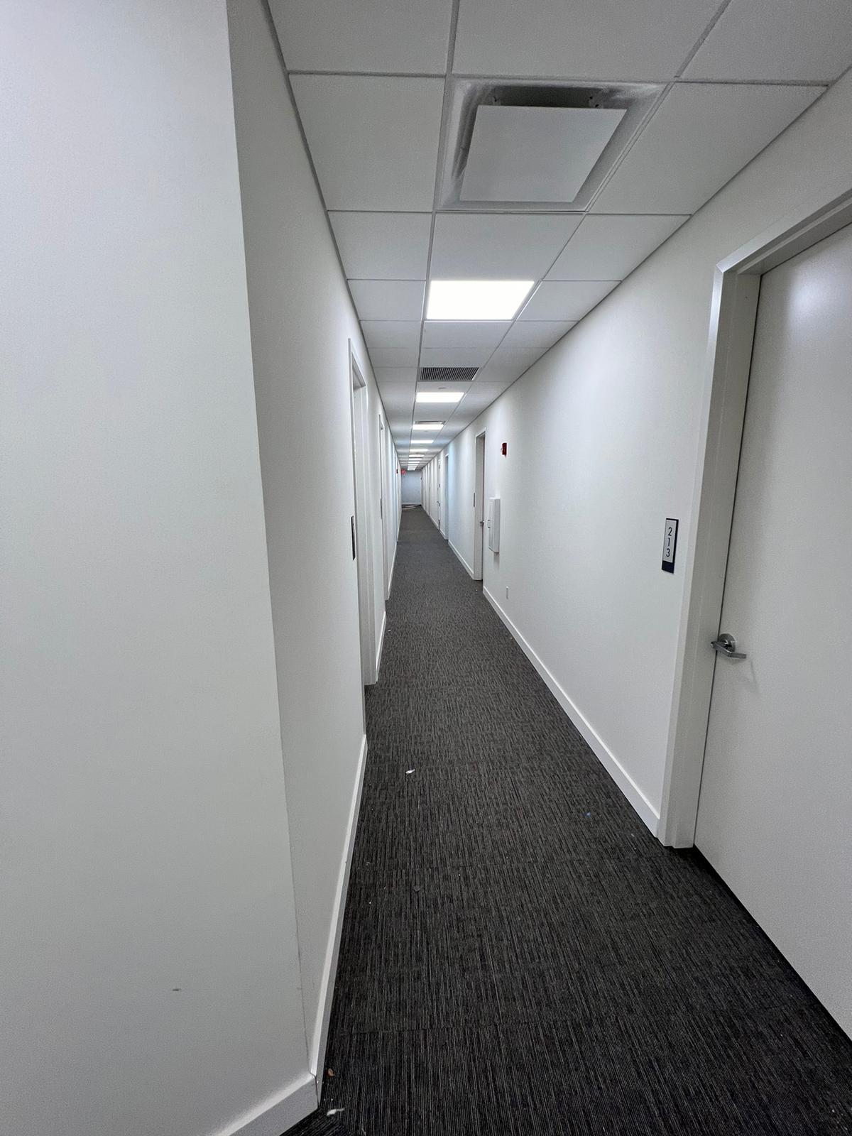 Completed common area corridor repaint with finished walls and baseboards