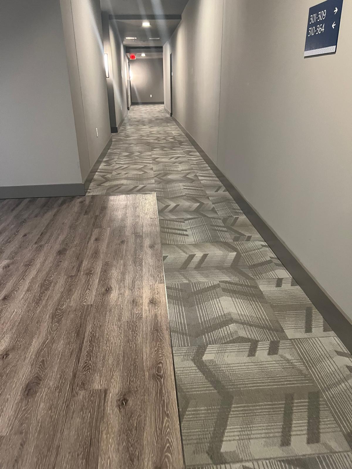 Interior residential corridor near elevator approach with carpet and hard-surface flooring