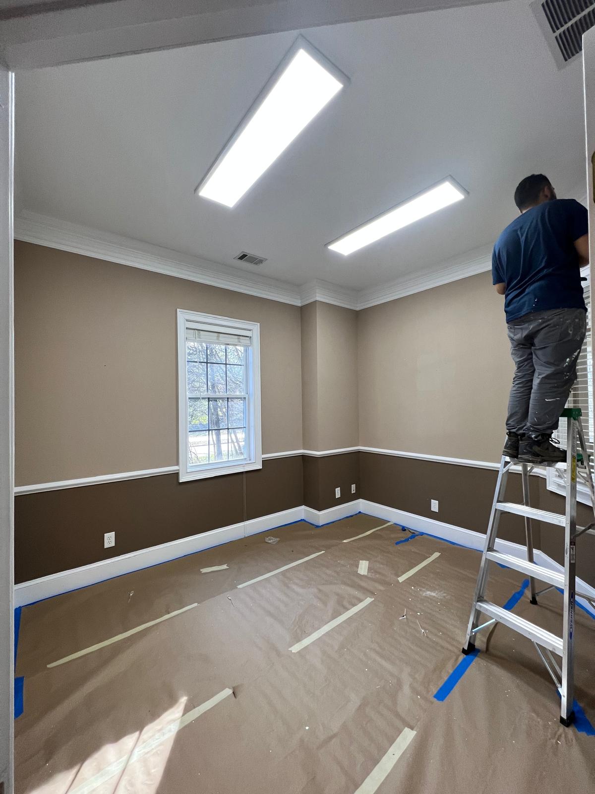 DJ7 Solutions painter on a ladder painting the upper walls of an office suite with floors covered in protective paper