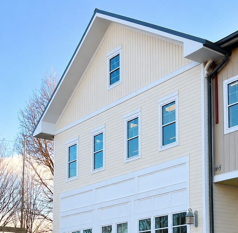 Building exterior before and after pressure washing — after
